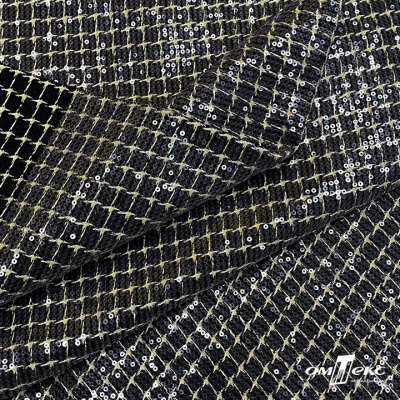 Ткань костюмная с пайетками, 100%полиэстр, 460+/-10 гр/м2, 150см #309 - цв. чёрный - купить в Северске. Цена 1 203.93 руб.
